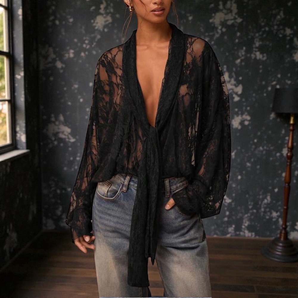 REBEL ROMANCE LACE SHEER TIE TOP